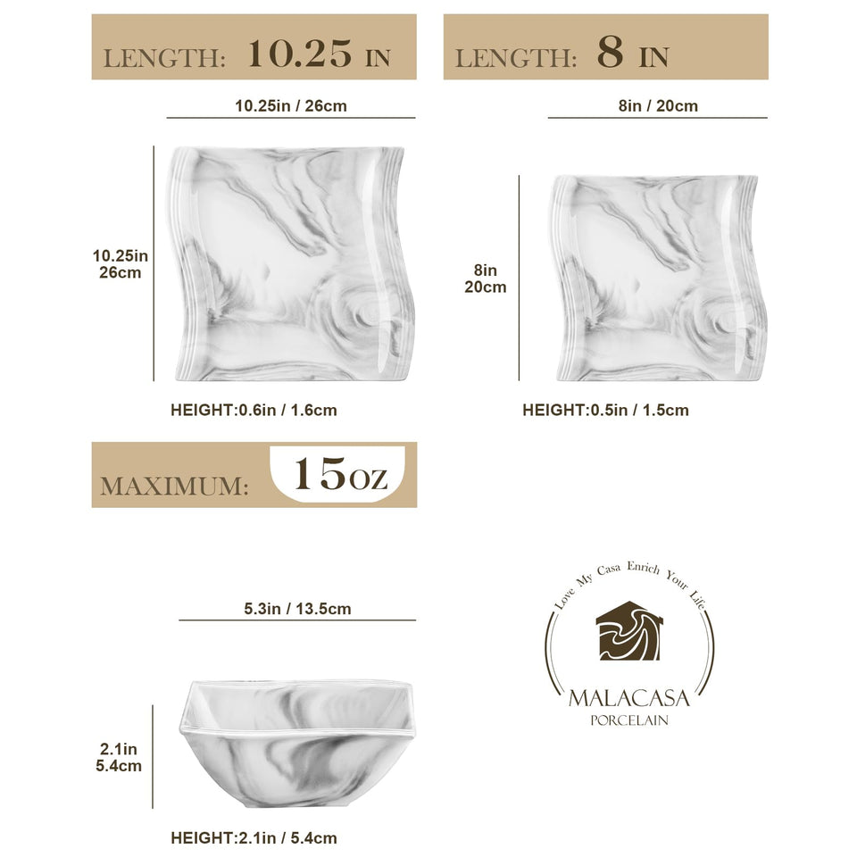 MALACASA Ivory White Dinnerware Sets, 30-Piece Porcelain Plates and Bowls Sets, Modern Dish Set for 6, Square Plates Dinnerware Set Kitchen Dishware Sets, Microwave and Dishwasher Safe, Series Flora