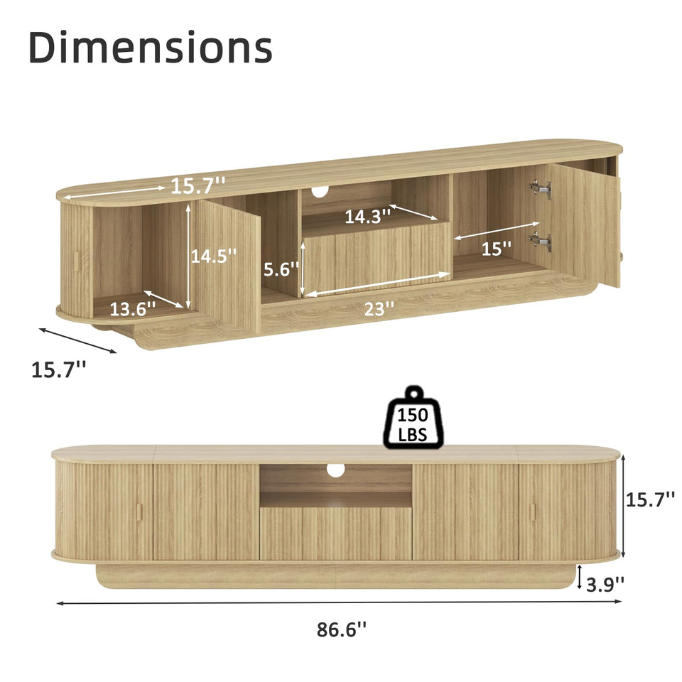UKAOCAI 86.61'' Tambour TV Stand for 55-85 Inch, Modern Entertainment Center with Large Storage Cabinet & Open Shelves, TV Console with Sliding Doors for Living Room, Bedroom, Natural