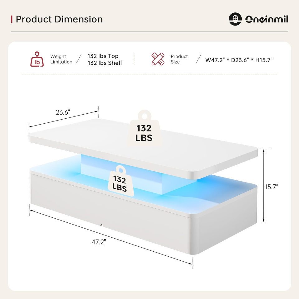 oneinmil Modern LED Coffee Table, 40" Living Room Tables with 16 Colors LED Lights, Double-Layer Design, Stylish Coffee Tables for Living Room, Black
