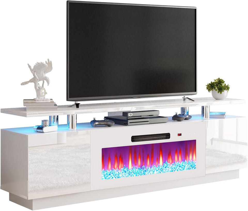 AMERLIFE Fireplace TV Stand with 36" Fireplace, 70" Modern High Gloss Fireplace Entertainment Center LED Lights, 2 Tier TV Console Cabinet for TVs Up to 80", Obsidian Black