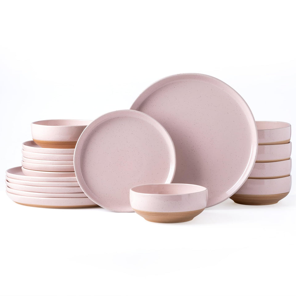AmorArc Ceramic Dinnerware Sets for 8, 24 Pieces Handpainted Plates and Bowls Set with Rustic Terracotta Underside, Scratch Resistant Stoneware Dishes Set, Dishwasher & Microwave Safe, Light Beige