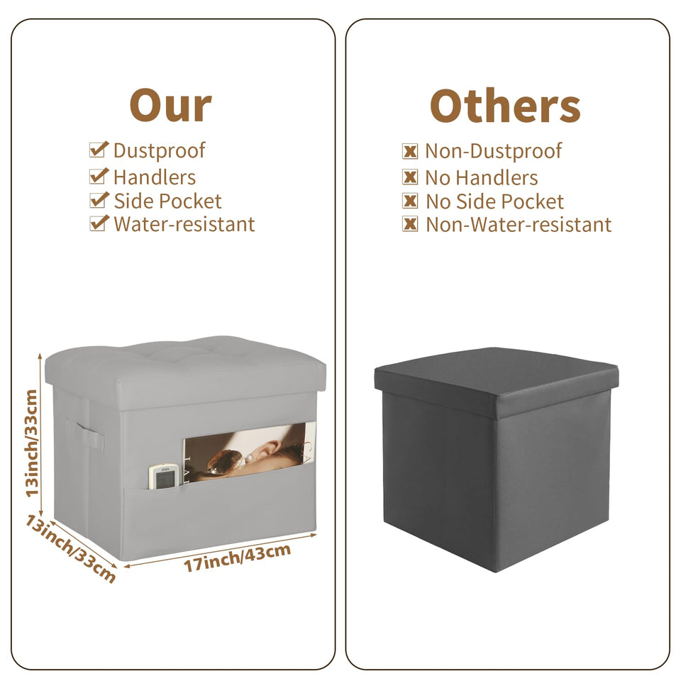 Storage Ottoman Foot Rest Stool, Foldable Leather Footstool Storage Bench with Thicker Foam Padded Seat. Foot Rest Under Desk for Living Room Bedroom 350 lbs, 17x13x13 in, Brown