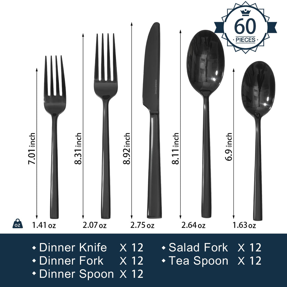 KINGSTONE Silverware Set, 60-Piece Forged Flatware Set Cutlery Set Premium Stainless Steel, Service for 12, for Kitchen, Home, Wedding, Party, Mirror Polished and Dishwasher Safe
