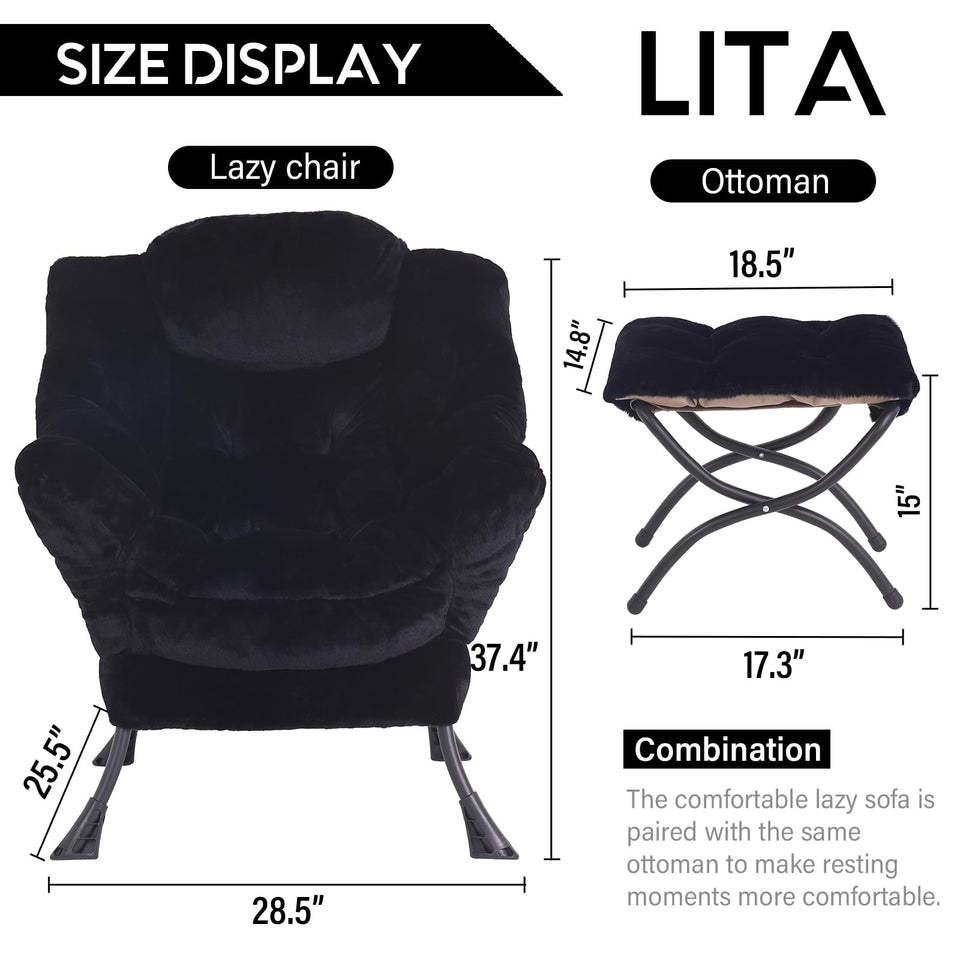 LITA Lazy Chair with Ottoman, Modern Accent Leisure Upholstered Lazy Sofa Armchair, Contemporary Lounge Reading Chair with Armrests and a Side Pocket for Living Room, Bedroom & Small Space, Dark Grey