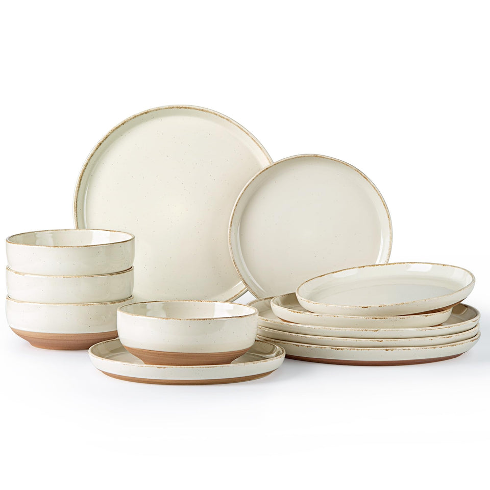 AmorArc Ceramic Dinnerware Sets for 8, 24 Pieces Handpainted Plates and Bowls Set with Rustic Terracotta Underside, Scratch Resistant Stoneware Dishes Set, Dishwasher & Microwave Safe, Light Beige