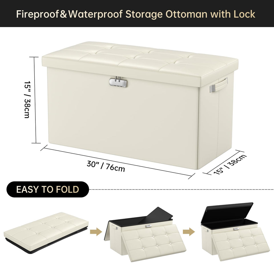 DocSafe Storage Ottoman with Lock,Fireproof Folding Ottoman Foot Rest Stool Storage Chest with Storage Safe for Important Documents,Waterproof 17 Inches Short Ottoman Foot Stool with Handles,Black