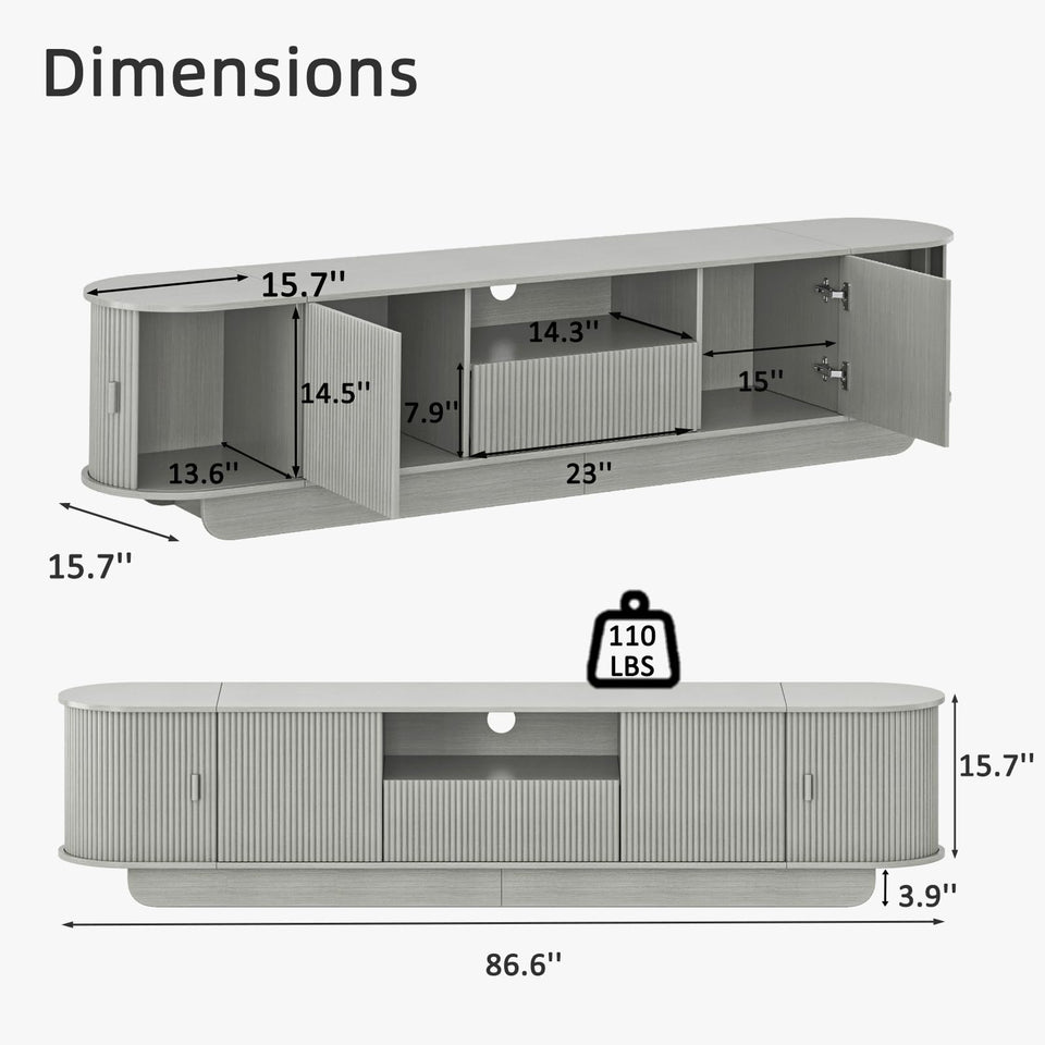 UKAOCAI 86.61'' Tambour TV Stand for 55-85 Inch, Modern Entertainment Center with Large Storage Cabinet & Open Shelves, TV Console with Sliding Doors for Living Room, Bedroom, Natural