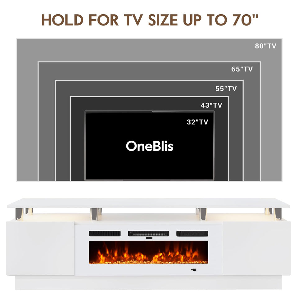 OneBlis 70" TV Stand for Living Room, Modern Entertainment Center & Media Console, Fits TVs up to 80", Storage Cabinet with Shelves, 36" Electric Fireplace with LED Flame (All Black)
