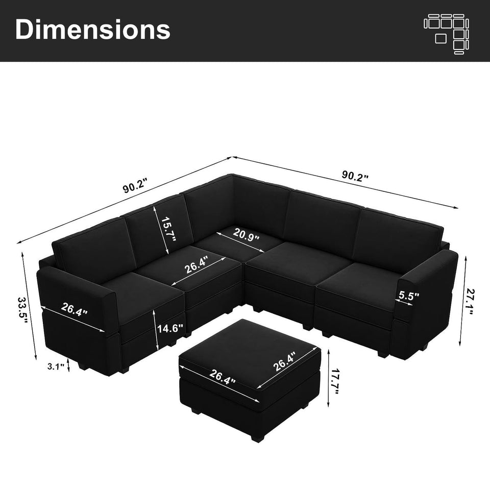 Belffin Modular Sectional Sofa with Ottomans Velvet Reversible Sleeper Chaise Bed Storage Seat Black
