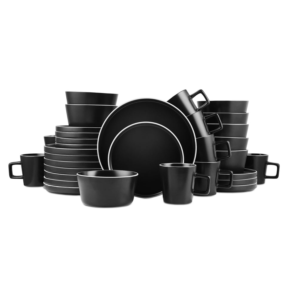 Stone Lain Celina Stoneware 32 Piece Dinnerware Set, Plates and Bowls, Black Matte Dish Collection, Service for 8 – Contemporary Minimalist Style, Microwave & Dishwasher Safe