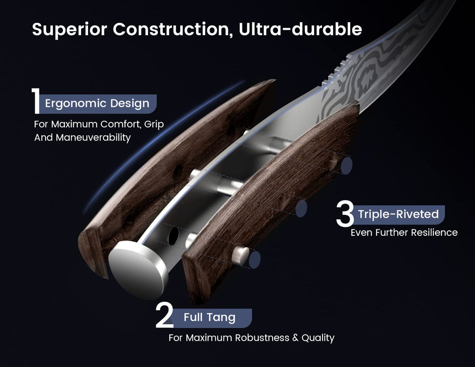 SYOKAMI Steak Knives Set of 8, 4.8 Inch High-Carbon Japanese Stainless Steel Non-serrated Steak Knife with Wood Handle, Damascus Pattern Full Tang Design, Razor-Sharp Dinner Knives with Gift Box