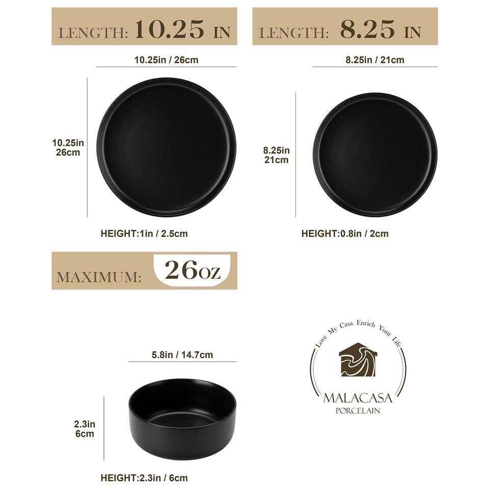 MALACASA Plates and Bowls Sets, 24 Pieces Modern Porcelain Dinnerware Set for 6 Ceramic Dishware Dishes White Kitchen Dinner Dining Ware Set wtih Black Rim Microwave and Dishwasher Safe, Series LUNA