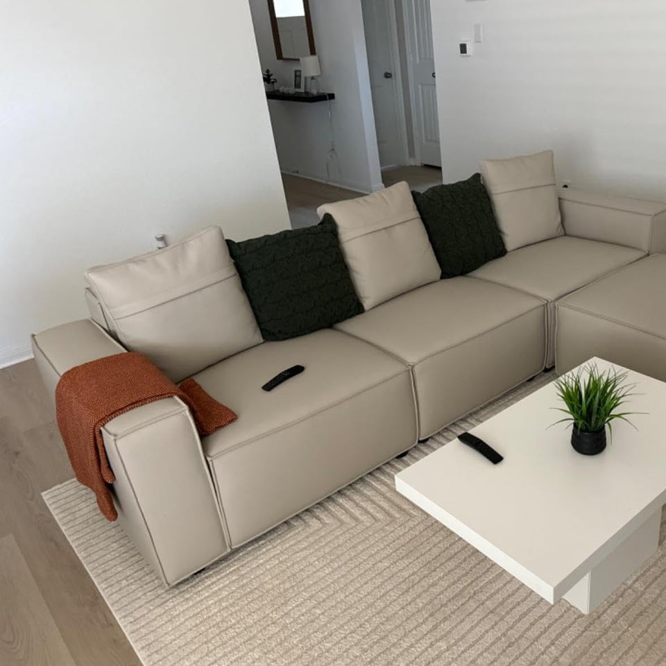 Acanva Luxury Modular Sectional Living Room Sofa Set, Modern Minimalist Style Couch with Ottoman and Chaise, L-Shape, Linen-Like Cream