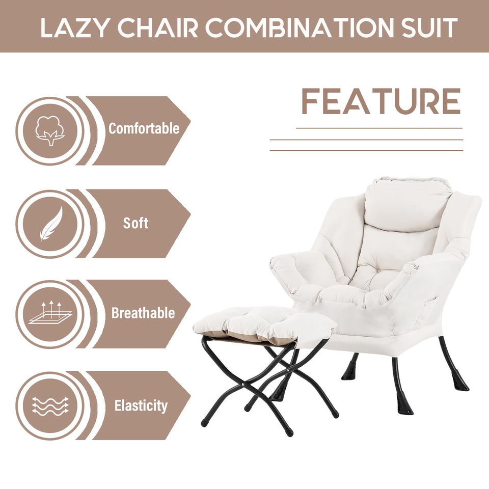 LITA Lazy Chair with Ottoman, Modern Accent Leisure Upholstered Lazy Sofa Armchair, Contemporary Lounge Reading Chair with Armrests and a Side Pocket for Living Room, Bedroom & Small Space, Dark Grey