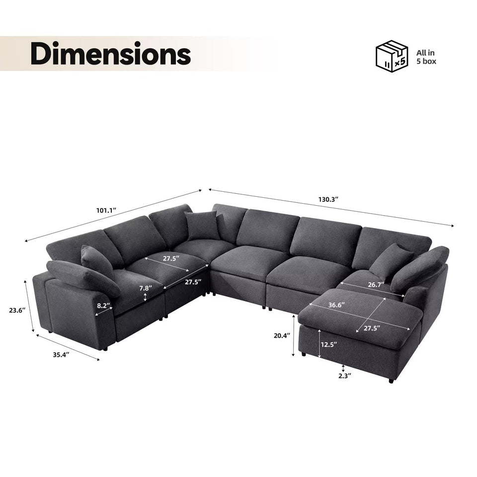 Siiejia Modular Sectional Sofa Modern Oversized Cloud Couch with Movable Ottoman 7 Seater L-Shaped Sofas Comfy Couches for Living Room Spacious Space Office Lounge, Beige