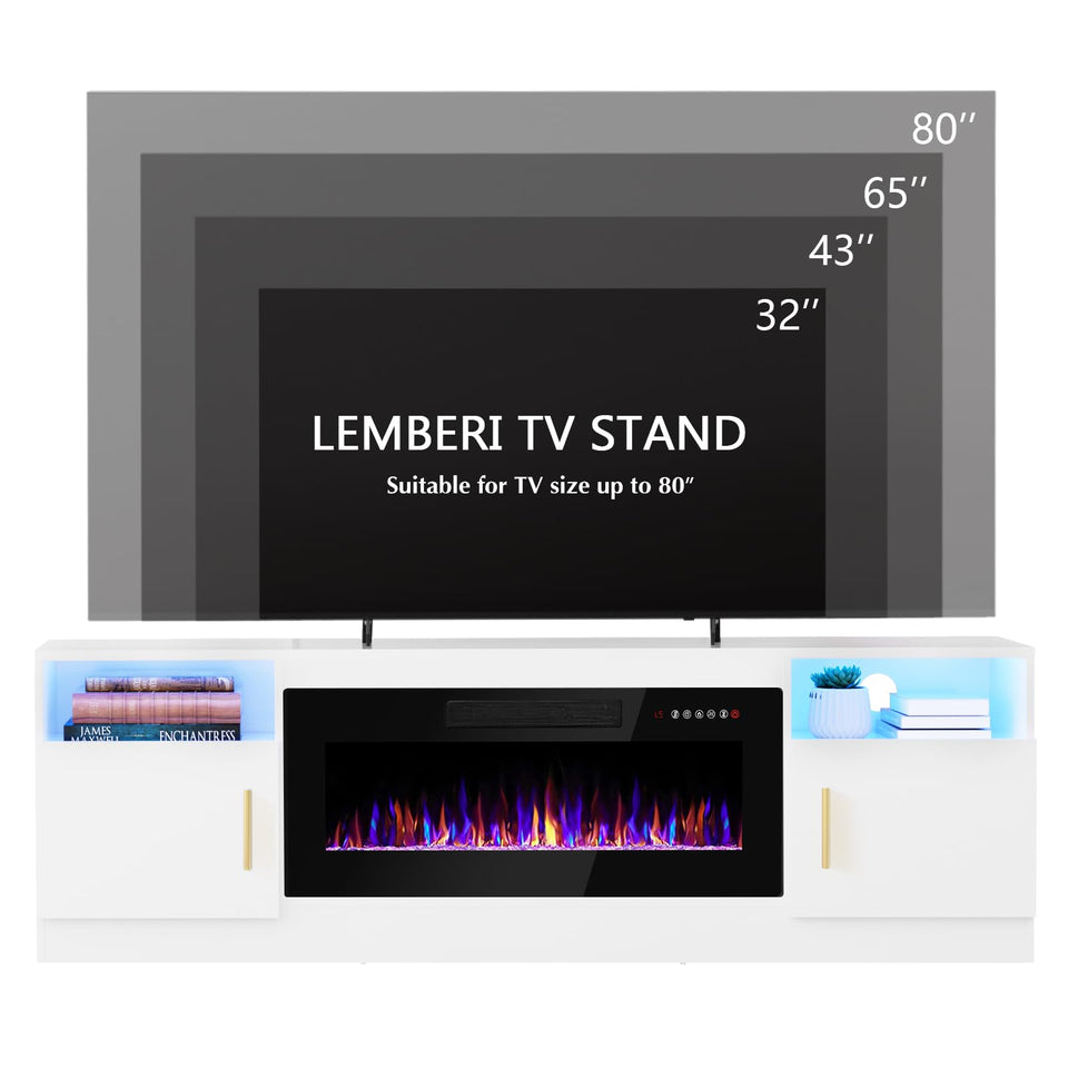 Lemberi Fireplace tv Stand with 36 inch Fireplace Up to 90" TVs, LED Light Entertainment Center and Storage, 80" Modern Wood Media TV Console with Highlight Cabinet for Living Room (White)