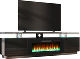 AMERLIFE Fireplace TV Stand with 36" Fireplace, 70" Modern High Gloss Fireplace Entertainment Center LED Lights, 2 Tier TV Console Cabinet for TVs Up to 80", Obsidian Black