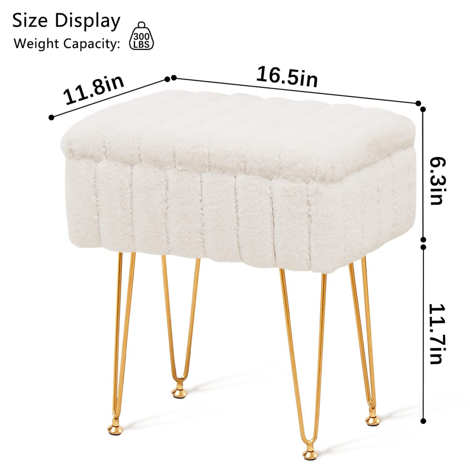 Wimarsbon Storage Ottoman, Vanity Stools with Metal Legs, 16.5" x 11.8" x 18" Modern Faux Mink Fur Footstool, Makeup Chair with Anti-Slip Feet, Accent Table,Footrest,Storage Bench for Bedroom