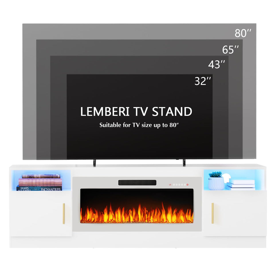 Lemberi Fireplace tv Stand with 36 inch Fireplace Up to 90" TVs, LED Light Entertainment Center and Storage, 80" Modern Wood Media TV Console with Highlight Cabinet for Living Room (White)