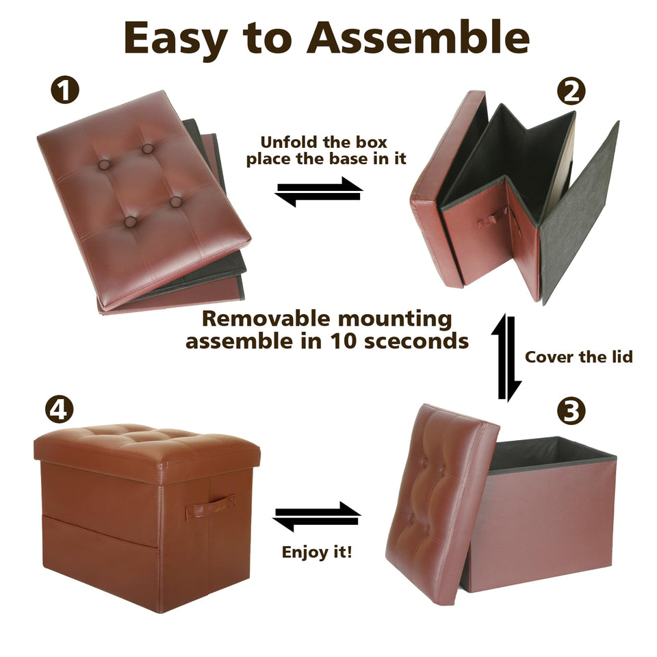 Storage Ottoman Foot Rest Stool, Foldable Leather Footstool Storage Bench with Thicker Foam Padded Seat. Foot Rest Under Desk for Living Room Bedroom 350 lbs, 17x13x13 in, Brown