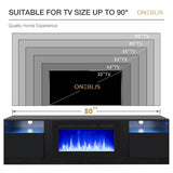 OneBlis 80" Fireplace TV Stand, LED Light Entertainment Center for TVs Up to 90", High-Gloss Door, Modern TV Console for Living Room with Storage Cabinet, Black+Black