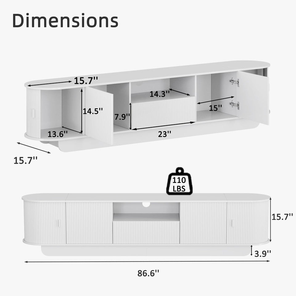UKAOCAI 86.61'' Tambour TV Stand for 55-85 Inch, Modern Entertainment Center with Large Storage Cabinet & Open Shelves, TV Console with Sliding Doors for Living Room, Bedroom, Natural