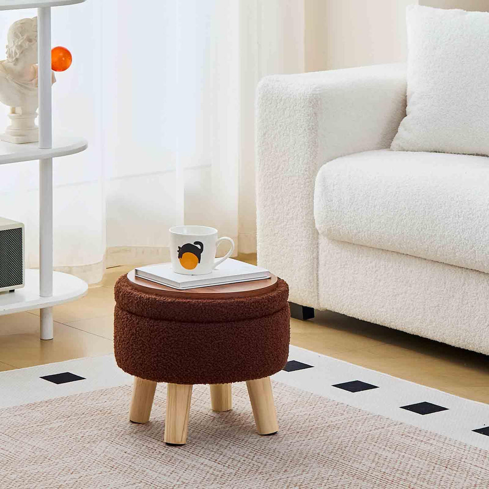 Wimarsbon Storage Ottoman, Modern Round Footrest with Soft Padded Seat, Teddy Velvet Footstool with Wood Legs, Accent Small Table or Plant Stand for Hallway, Living Room (Cream)