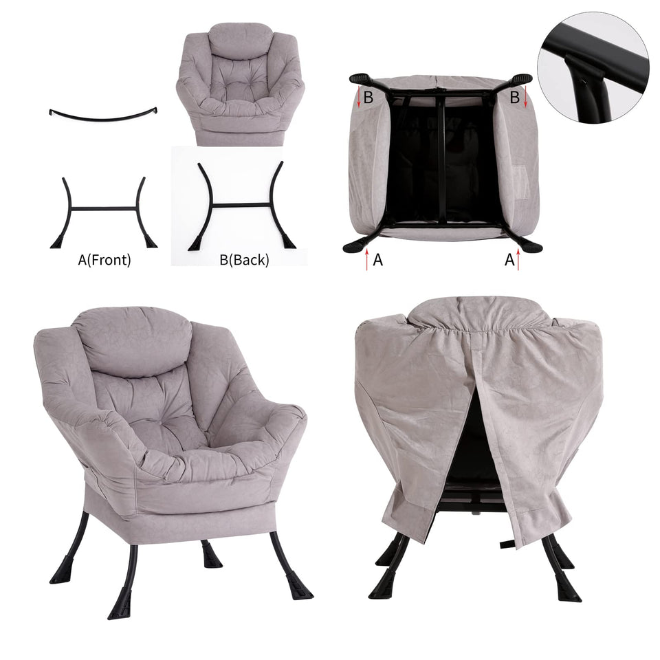 Welnow Lazy Chair with Ottoman, Modern Lounge Accent Chair with Armrests and a Side Pocket, Leisure Sofa Armchair, Reading Armchair with Footrest for Small Space, Dark Grey