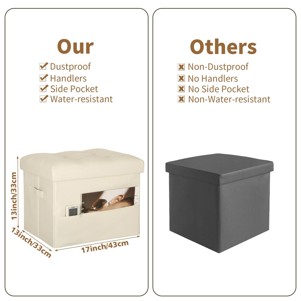 Storage Ottoman Foot Rest Stool, Foldable Leather Footstool Storage Bench with Thicker Foam Padded Seat. Foot Rest Under Desk for Living Room Bedroom 350 lbs, 17x13x13 in, Brown