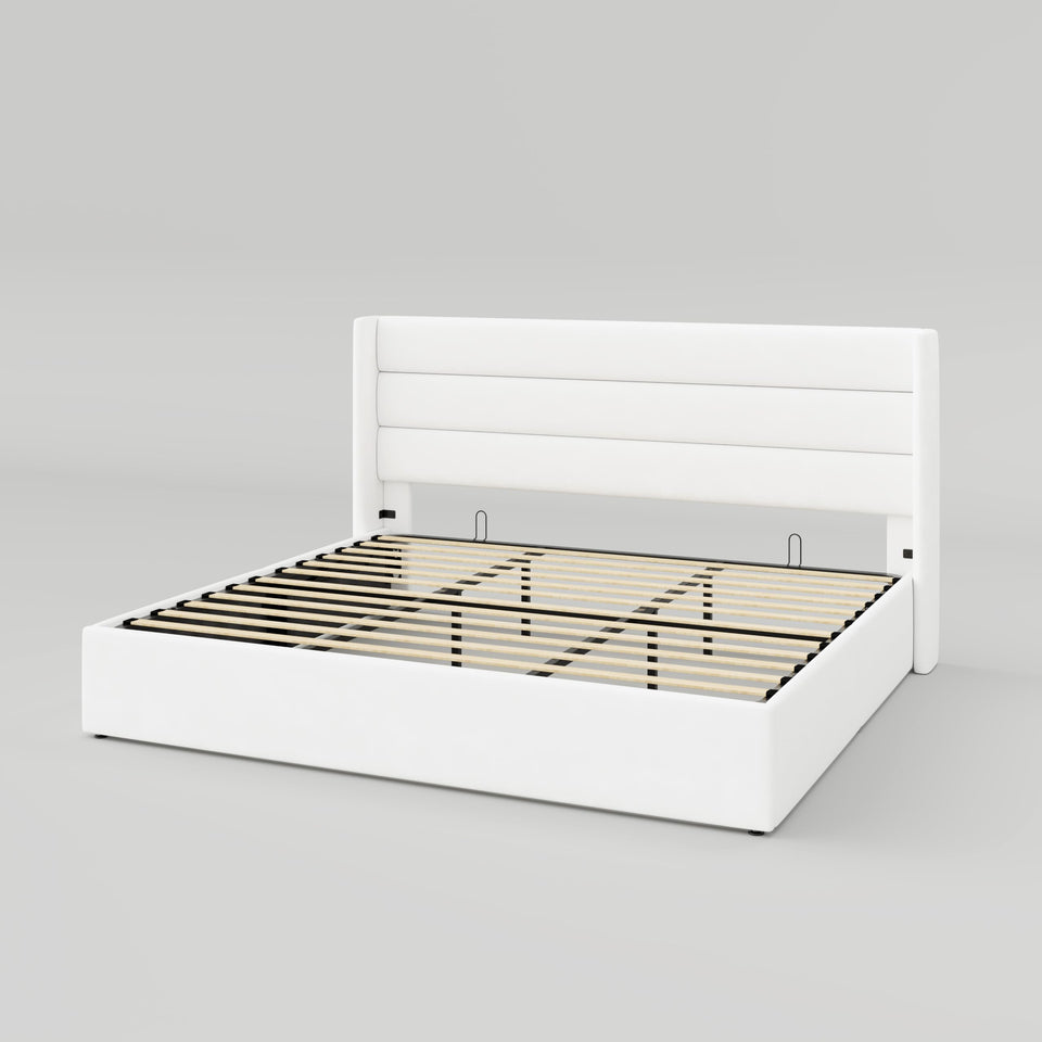 Allewie King Size Lift Up Storage Bed, Modern Wingback Headboard, Hydraulic Support, No Box Spring Needed, Light Beige