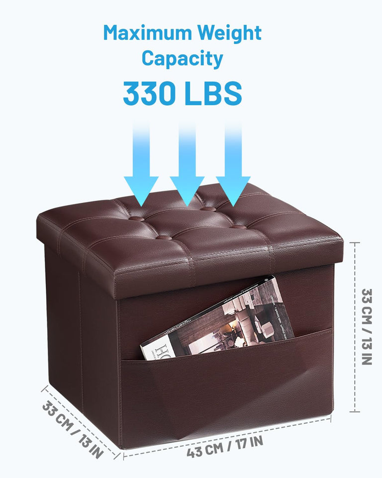 AmasSmile Storage Ottoman Folding Foot Rest Stool, Leather Footstool Bench, Short Ottoman Stool, Storage Foot Rest Store, Books (Black, 17" D x 13" W x 13" H)