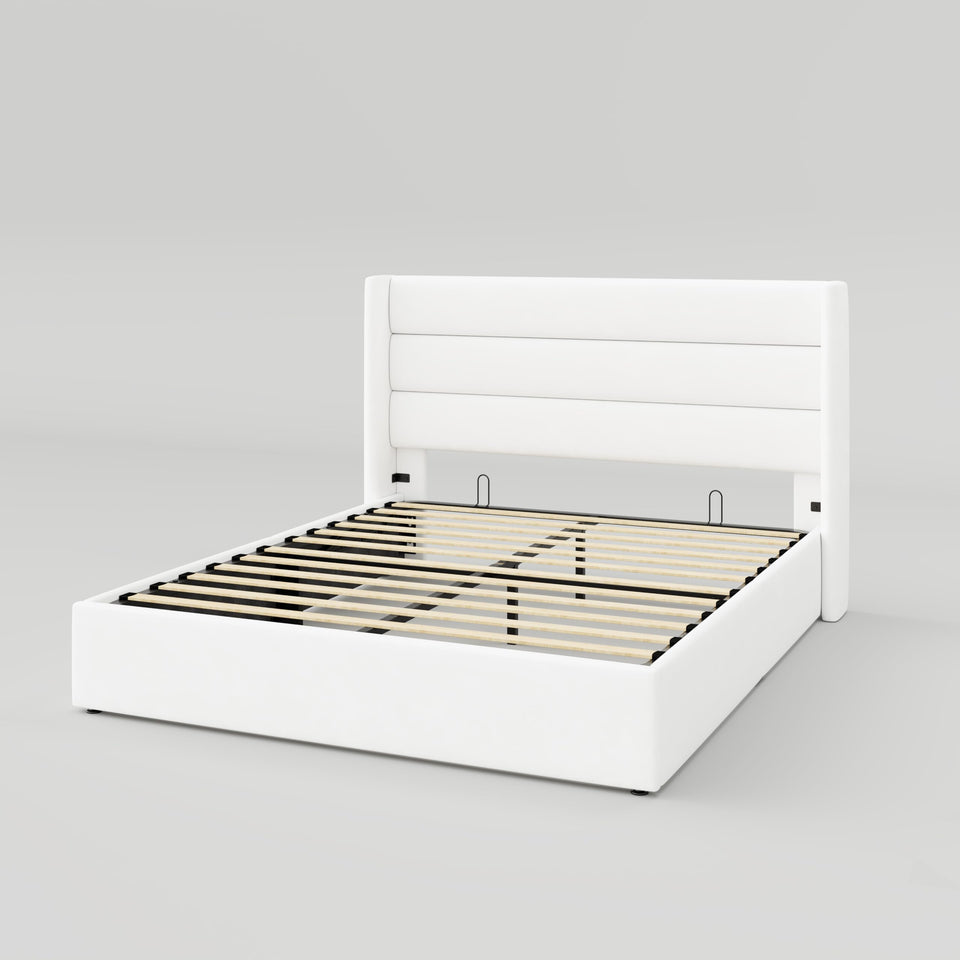 Allewie King Size Lift Up Storage Bed, Modern Wingback Headboard, Hydraulic Support, No Box Spring Needed, Light Beige