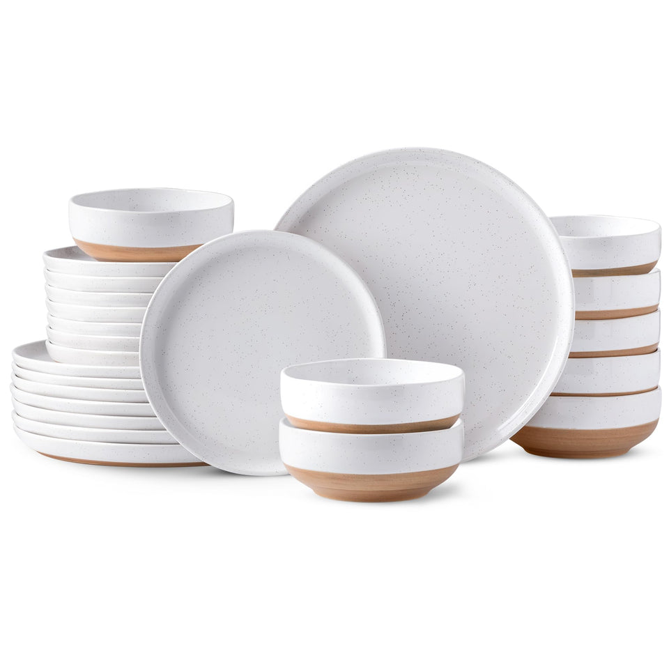 AmorArc Ceramic Dinnerware Sets for 8, 24 Pieces Handpainted Plates and Bowls Set with Rustic Terracotta Underside, Scratch Resistant Stoneware Dishes Set, Dishwasher & Microwave Safe, Light Beige