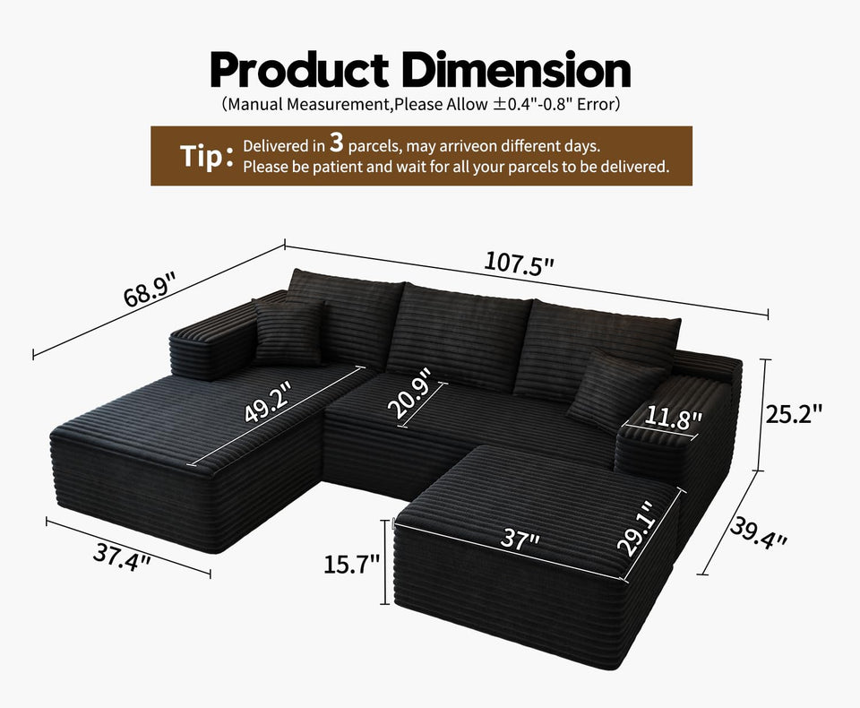 135.4" Cloud Modular Sectional Couch with 1 Ottoman,Modern Minimalist Upholstered Couches, Comfort U Shaped Sofa for Living Room,Deep Seat Corner Couch，No Assembly Required (Black,Left Facing Chaise)
