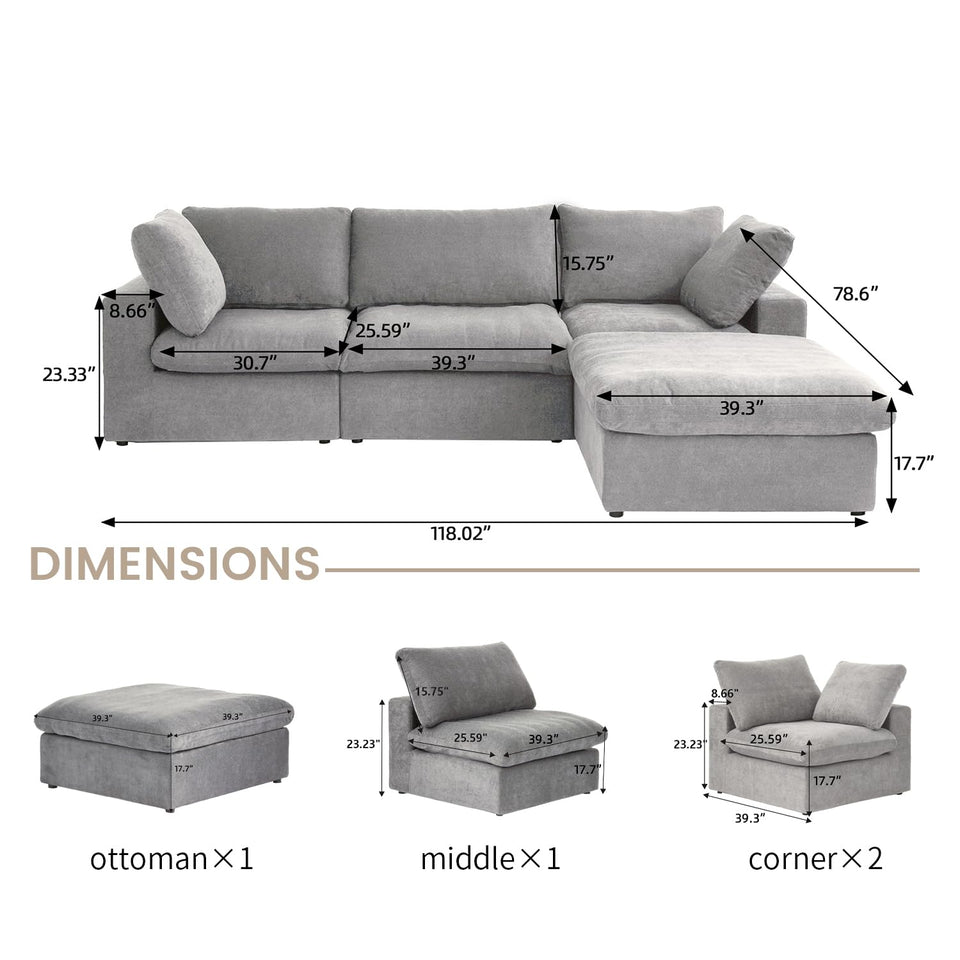 160.6" Cloud Couch Modular Sectional Sofa for Livingroom,Oversized Convertible Sofa with Storage Ottomans,6 Seat Wide Couches,Cushion Covers Removable (Khaki, 6 Seater)