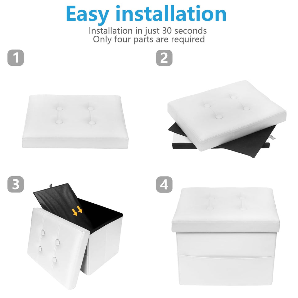 AmasSmile Storage Ottoman Folding Foot Rest Stool, Leather Footstool Bench, Short Ottoman Stool, Storage Foot Rest Store, Books (Black, 17" D x 13" W x 13" H)