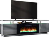 AMERLIFE Fireplace TV Stand with 36" Fireplace, 70" Modern High Gloss Fireplace Entertainment Center LED Lights, 2 Tier TV Console Cabinet for TVs Up to 80", Obsidian Black