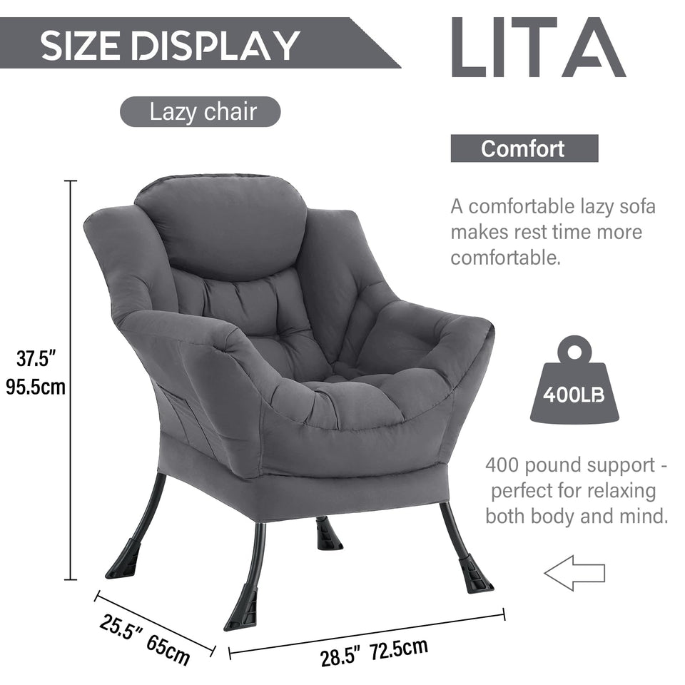 LITA Lazy Chair with Ottoman, Modern Accent Leisure Upholstered Lazy Sofa Armchair, Contemporary Lounge Reading Chair with Armrests and a Side Pocket for Living Room, Bedroom & Small Space, Dark Grey