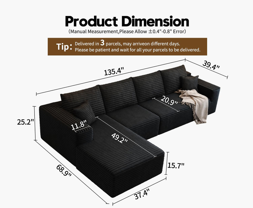 135.4" Cloud Modular Sectional Couch with 1 Ottoman,Modern Minimalist Upholstered Couches, Comfort U Shaped Sofa for Living Room,Deep Seat Corner Couch，No Assembly Required (Black,Left Facing Chaise)