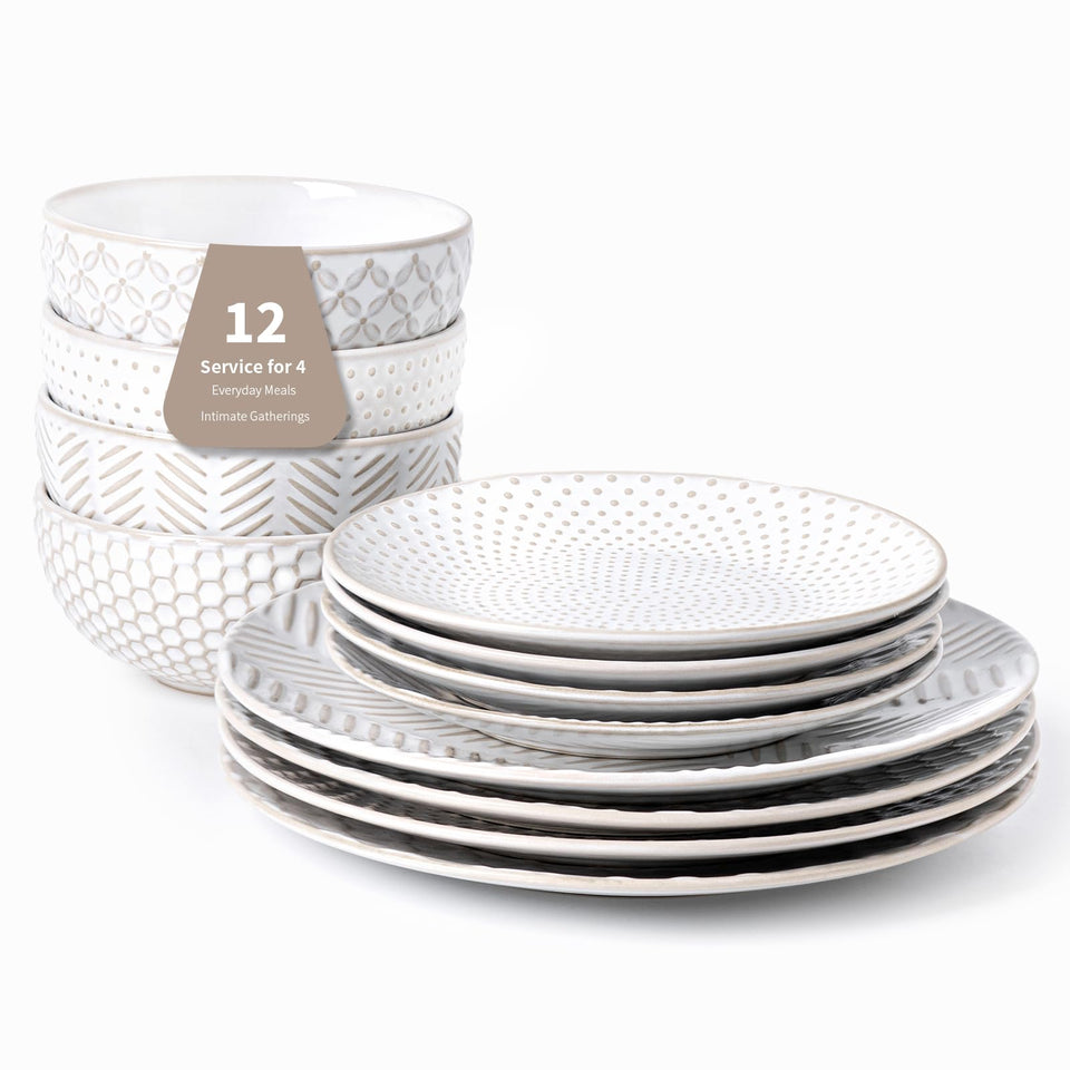 FOBENTA 24 Piece Dinnerware Sets for 8, Premium Stoneware Plates and Bowls Sets, Microwave & Dishwasher Safe, Elegant Dishes for Entertaining & Special Occasions – A Stunning Gift for Large Families