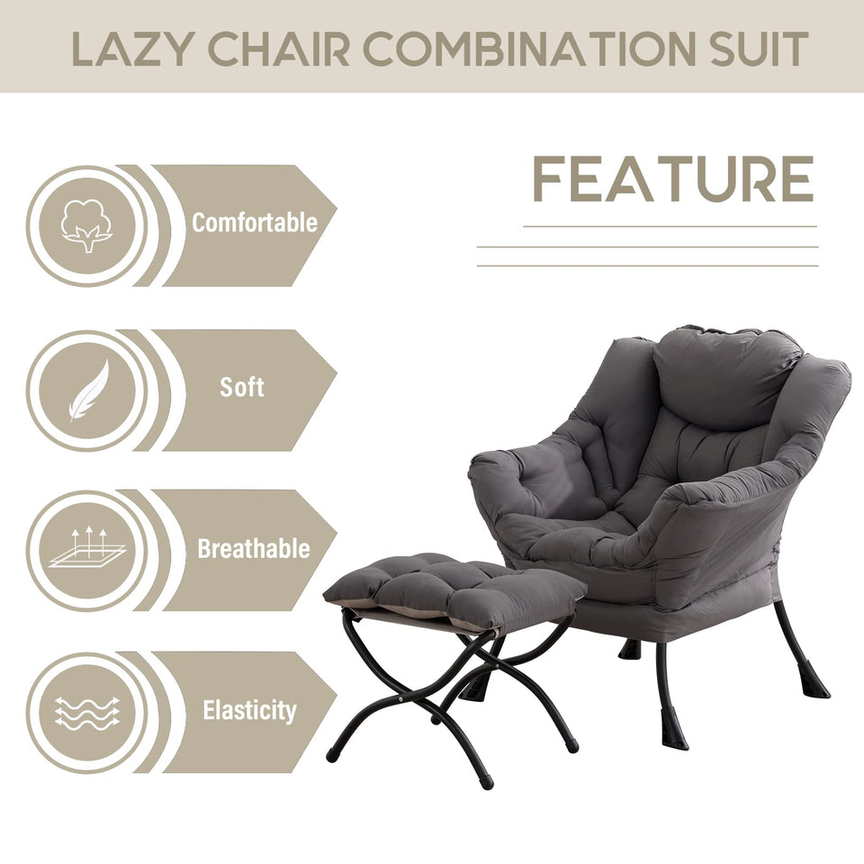 LITA Lazy Chair with Ottoman, Modern Accent Leisure Upholstered Lazy Sofa Armchair, Contemporary Lounge Reading Chair with Armrests and a Side Pocket for Living Room, Bedroom & Small Space, Dark Grey