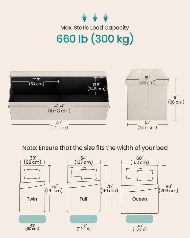 SONGMICS MAZIE Collection - 43 Inches Folding Storage Ottoman Bench, Ottoman with Storage, Foot Rest Stool, Load 660 lb, for Living Room, Synthetic Leather, Black ULSF701