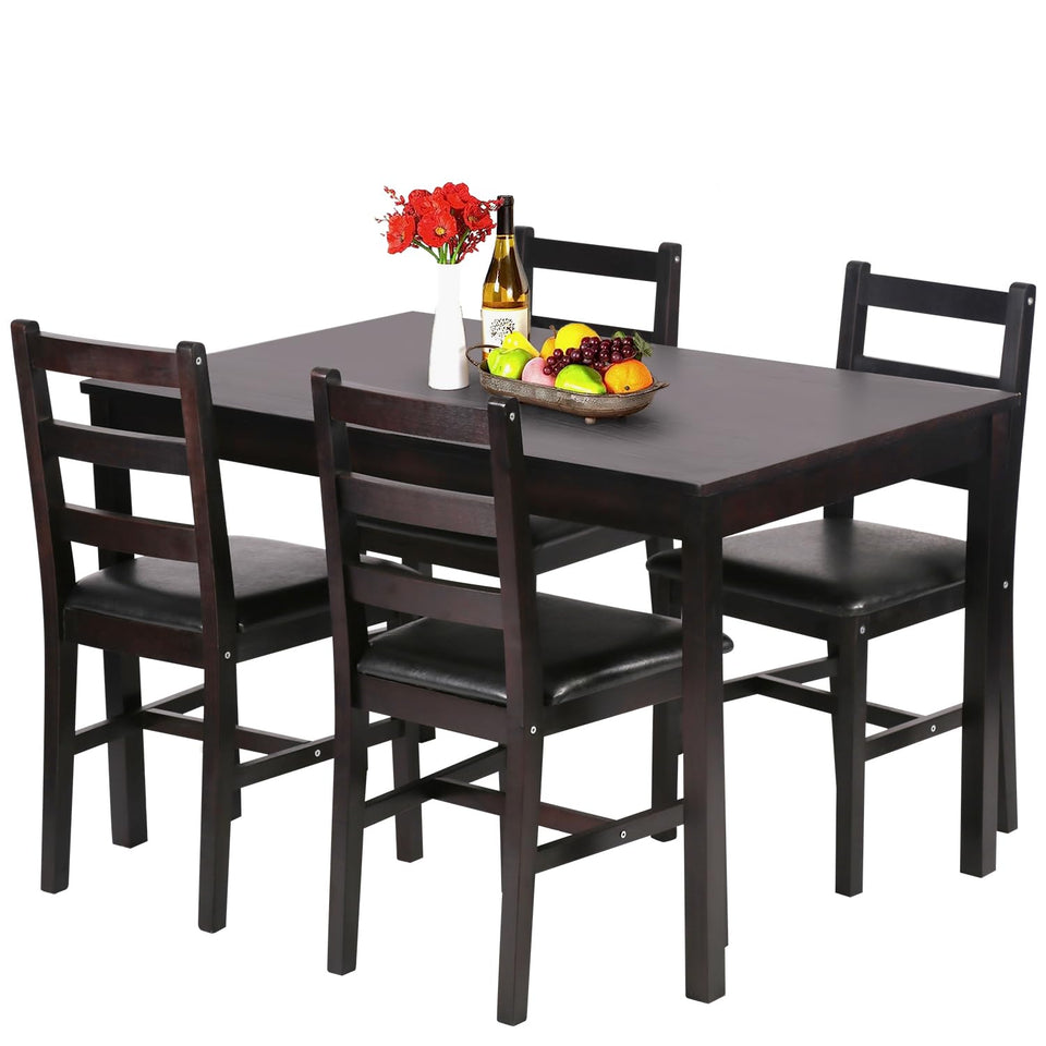FDW | 5-Piece Solid Wood Dining Table Set for 4 | Brown | Pine Kitchen Table with Upholstered Chairs | Space-Saving Design | Smooth Easy-to-Clean Surface | for Dining Room, Apartment, Restaurant