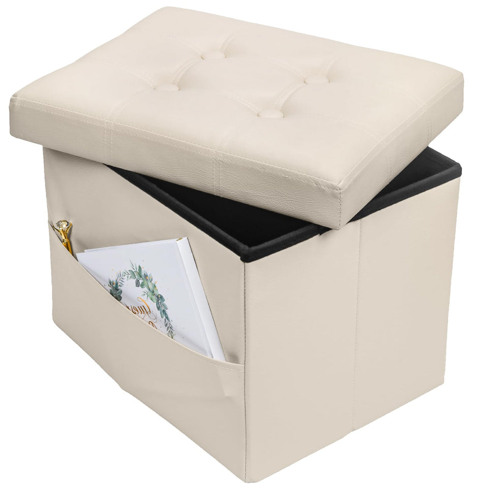 Bsketa Storage Ottoman, Folding Foot Stool with Thicker Foam Padded Seat Small Leather Storage Ottoman Bench Foot Rest for Living Room Foldable Coffee Table 17x13x13in,Black