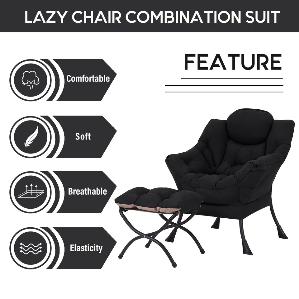 LITA Lazy Chair with Ottoman, Modern Accent Leisure Upholstered Lazy Sofa Armchair, Contemporary Lounge Reading Chair with Armrests and a Side Pocket for Living Room, Bedroom & Small Space, Dark Grey
