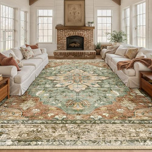 RELEANY Area Rugs 10'x14' Washable Non-Slip, Floral Vintage Distress Print Pattern Medallion Carpet for Living Room Bedroom Dining Room, Brick Red Rust Neutral Brown Burnt Orange Green