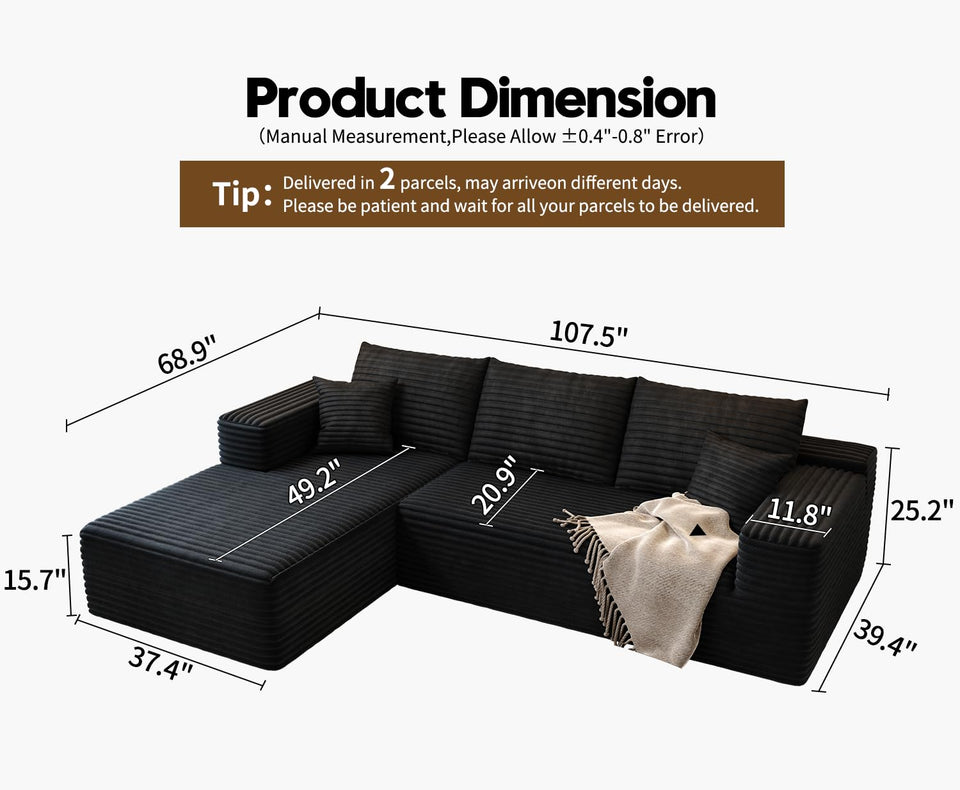 135.4" Cloud Modular Sectional Couch with 1 Ottoman,Modern Minimalist Upholstered Couches, Comfort U Shaped Sofa for Living Room,Deep Seat Corner Couch，No Assembly Required (Black,Left Facing Chaise)