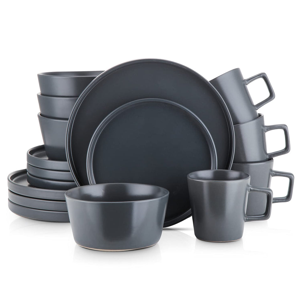 Stone Lain Celina Stoneware 32 Piece Dinnerware Set, Plates and Bowls, Black Matte Dish Collection, Service for 8 – Contemporary Minimalist Style, Microwave & Dishwasher Safe