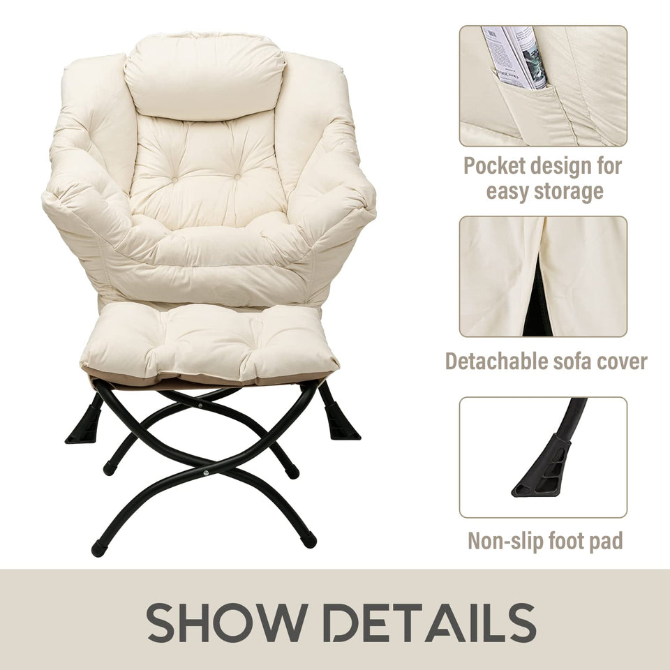 LITA Lazy Chair with Ottoman, Modern Accent Leisure Upholstered Lazy Sofa Armchair, Contemporary Lounge Reading Chair with Armrests and a Side Pocket for Living Room, Bedroom & Small Space, Dark Grey