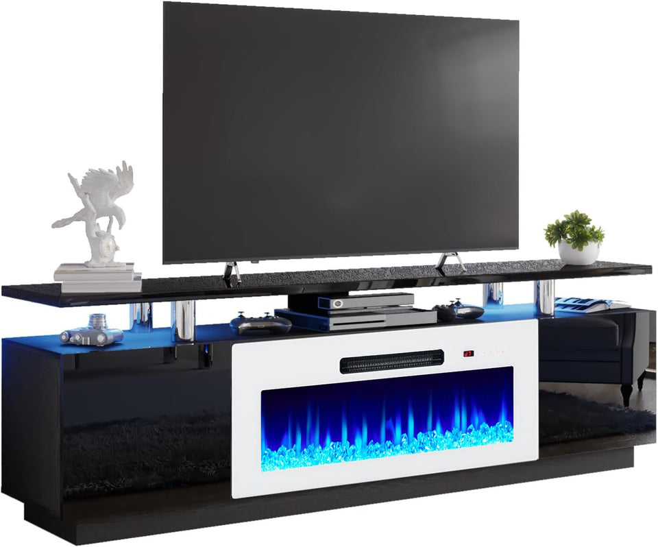 AMERLIFE Fireplace TV Stand with 36" Fireplace, 70" Modern High Gloss Fireplace Entertainment Center LED Lights, 2 Tier TV Console Cabinet for TVs Up to 80", Obsidian Black